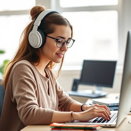 A woman wearing headphones studying in a well-lit workspace